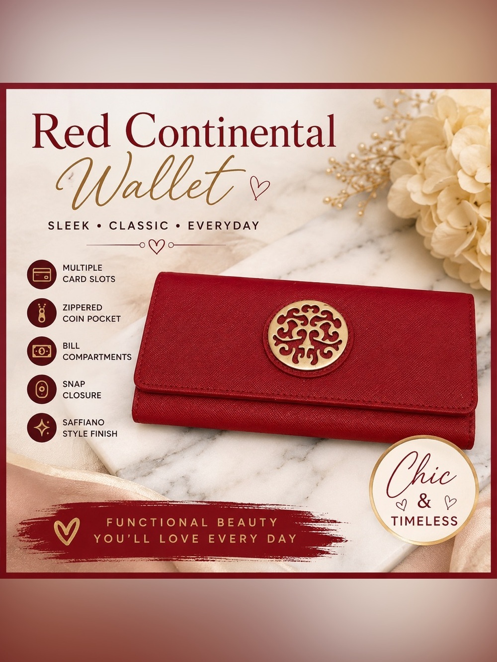 Red Saffiano Vegan Leather Style Continental Wallet Gold Medallion Snap Closure